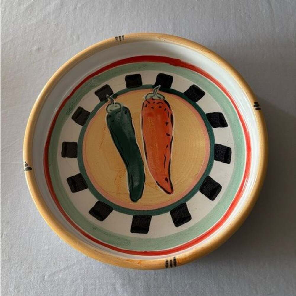 Hand-Painted Chili Pepper Ceramic Serving Bowl - Orange & Green